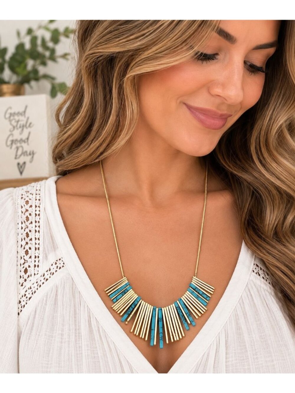 LOFT Gold Tone Faux Turquoise Bar Fringe Necklace Boho Southwestern Statement